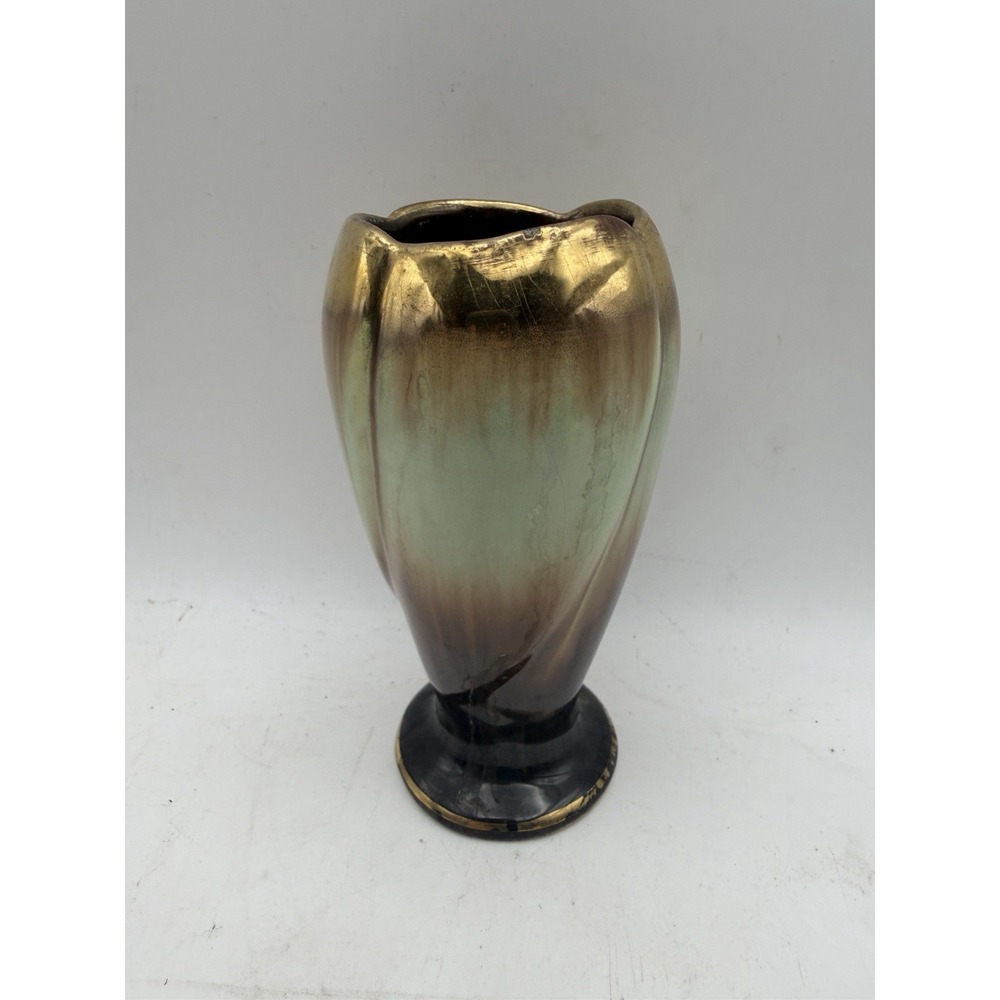 Vintage Germany 548/12 Tulip Vase Gold Luster Green Brown Art Pottery 4.75"